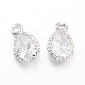 Teardrop Brass Cubic Zirconia Charms, Platinum, 12x7x3.5mm, Hole: 1.5mm