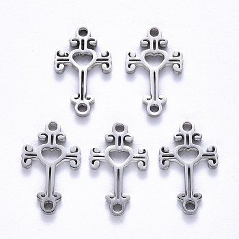 201 Stainless Steel Links Connectors, Laser Cut, Cross with Heart, Stainless Steel Color, 19x12x1.5mm, Hole: 1.6mm
