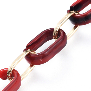Handmade Acrylic & Aluminium Cable Chains, Imitation Gemstone, Flat Oval, for Jewelry Making, Light Gold, Dark Red, Link: 18.5x11.5x4.5mm, 14.5x8.5x1.5mm, about 39.37 inch(1m)/strand