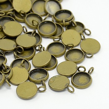 Brass Pendant Cabochon Settings, Plain Edge Bezel Cups, Antique Bronze, Tray: 12mm, 14x2mm, Hole: 3mm