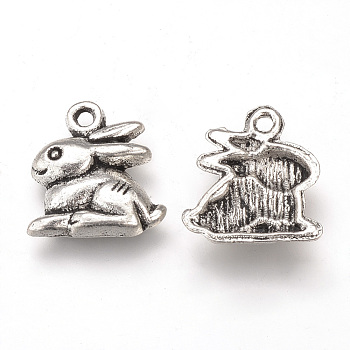Tibetan Style Alloy Charms, Rabbit, Cadmium Free & Nickel Free & Lead Free, Antique Silver, 14.5x13x2mm, Hole: 1.5mm