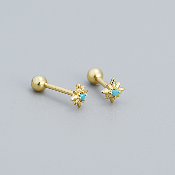 Star 925 Sterling Silver Pave Cubic Zirconia Cartilage Earrings, Golden, Turquoise, 5mm, Head: 3mm