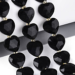 Natural Obsidian Beads Strands, Faceted Heart, with Seed Beads, 12.5~13.5x13.5~14.5x5.5~6.5mm, Hole: 0.8~1mm, about 26~28pcs/strand, 14.76~16.73 inch(37.5~42.5cm)(G-P592-B06-01)