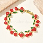 Brass & Enamel Link Chain Bracelets for Women, Strawberry & Cherry, Cadmium Free & Lead Free, Long-Lasting Plated, Rack Plating, Real 18K Gold Plated, Red, 7.48 inch(19cm)(BJEW-A171-02G)