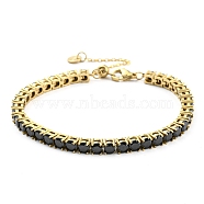 Rhinestone Bracelet, Real 14K Gold Plated 304 Stainless Steel Link Chain Bracelet, Jet, 9-1/8 inch(23cm)(BJEW-C049-01G-04)
