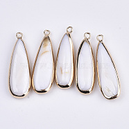 Natural Freshwater Shell Pendants, with Golden Plated Brass Open Back Settings, Teardrop, Seashell Color, 32~34x9.5~11x5.5mm, Hole: 1.6mm(SSHEL-R045-14)