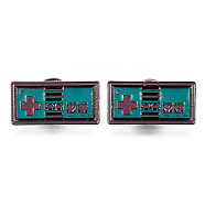 Alloy Enamel Brooches, Enamel Pin, with Brass Butterfly Clutches, Rectangle with Heart, Electrophoresis Black, Cadmium Free & Nickel Free & Lead Free, Teal, 31x15x2mm, Pin: 1mm(JEWB-N006-021-NR)