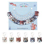 12Pcs 6 Style Zinc Alloy Enamel Cat Charm Locking Stitch Markers, with Brass Leverback Earring Findings & Iron Open Jump Rings & Plastic Ear Nuts, Mixed Color, 35mm, Pin: 0.8mm, 2Pcs/style(HJEW-PH01530)