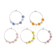 Flower Glass Seed Wine Glass Charms, with 316 Surgical Stainless Steel Hoop Earring Findings, Mixed Color, 38~39x30~35mm(AJEW-JO00189)