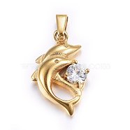 304 Stainless Steel Pendants, with Cubic Zirconia, Dolphin, Clear, Golden, 21x14x5mm, Hole: 5x3mm(STAS-P216-24G)