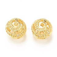 Brass Micro Pave Cubic Zirconia Beads, Hollow Round, Real 18K Gold Plated, 12mm, Hole: 2mm(KK-P228-54G)