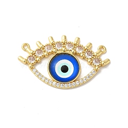 Rack Plating Brass Pave Clear Cubic Zirconia & Glass Pendants, Eye Charms, Real 18K Gold Plated, Cadmium Free & Lead Free, Long-Lasting Plated, Blue, 23x38x5mm, Hole: 1.2mm(KK-G504-23G-02)