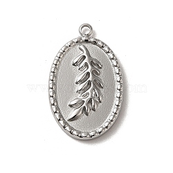 304 Stainless Steel Pendants, Oval with Leaf Pattern Charm, Stainless Steel Color, 20.5x13x2mm, Hole: 1.5mm(STAS-L022-323P)