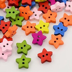 Wooden Buttons, Dyed, 2-Hole, Star, Mixed Color, 12x13x4mm, Hole: 2mm(X-BUTT-N002-12)