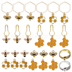 26Pcs Bees Honeycomb DIY Knitting Tool Sets, including Alloy Enamel Pendant, Pendant Stitch Markers, Alloy Yarn Guide Finger Ring, Golden, 1.3~4.3cm(HJEW-GO00003)