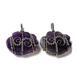 Natural Amethyst Copper Wire Wrapped Pendants, Cloud Charms with Brass Beads, Rack Plating, Platinum, 47~50x44.5~45x11~12mm, Hole: 6x5.5mm(G-K338-07P-01)