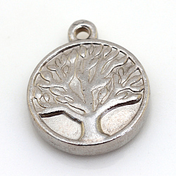 304 Stainless Steel Pendants, Flat Round with Tree of Life, Stainless Steel Color, 15.5x13x3mm, Hole: 1mm(STAS-S046-28)