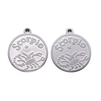 201 Stainless Steel Pendants, Flat Round with Twelve Constellation, Laser Cut, Stainless Steel Color, Scorpio, 25x22x1.5mm, Hole: 2mm