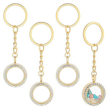 4Pcs Alloy Crystal Rhinestone Locket Pendant Keychain, with Iron Rings, Golden, 86mm
