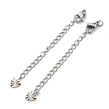 304 Stainless Steel Curb Chain Extender, End Chains with Lobster Claw Clasps and Heart Chain Tabs, Stainless Steel Color, 68mm