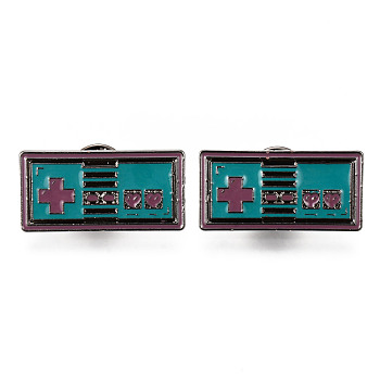 Alloy Enamel Brooches, Enamel Pin, with Brass Butterfly Clutches, Rectangle with Heart, Electrophoresis Black, Cadmium Free & Nickel Free & Lead Free, Teal, 31x15x2mm, Pin: 1mm