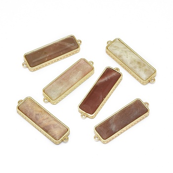 Natural Sunstone Links connectors, with Brass Findings, Faceted, Rectangle, Golden, 33.5x9.5~10x5mm, Hole: 1.2~1.4mm