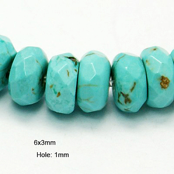 Natural Magnesite Beads Strands, Dyed & Heated, Faceted Rondelle, Turquoise, 6x3mm, Hole: 1mm, about 119pcs/strand, 15.55 inch(39.4cm)
