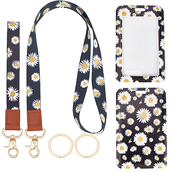 Daisy Flower Pattern PVC Plastic ID Badge Holder Sets, include Ployester Belt, ID Card Holders with Clear Window, Rectangle, Black, Card: 110x68x5mm, 1 set/box
