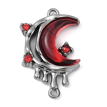 Alloy Rhinestone Melted Crescent Moon Connector Charms, with Red Glass, Rack Plating, Cadmium Free & Nickel Free & Lead Free, Gunmetal, 22.5x14.5x3.5mm, Hole: 1mm