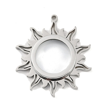 304 Stainless Stee Locket Pendants, with Glass, Sun Charm, Stainless Steel Color, 43.5x39x5.7mm, Hole: 2.2mm