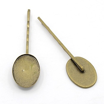 DIY Antique Bronze Tone Iron Hair Bobby Pin Findings for Jewelry Making, with Brass Oval Trays,  67x19mm, Tray : 18x25mm