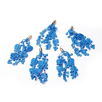 CCB Plastic Big Pendants, with Lace, Flower, Golden, Blue, 70~90x6mm, Hole: 1.6mm