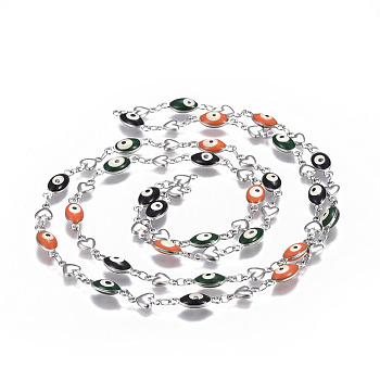 304 Stainless Steel Enamel Chains, Soldered, Heart and Oval Evil Eye, Stainless Steel Color, Colorful, 10x5.5x2mm