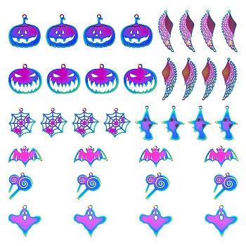 36Pcs 9 Style 201 Stainless Steel Stamping Blank Tag Pendants, Ion Plating(IP), for Halloween, Mixed Shapes, Rainbow Color, 26.5~50.5x18.5~41x0.3mm, Hole: 1.5~2mm, 4pcs/style