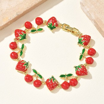 Brass & Enamel Link Chain Bracelets for Women, Strawberry & Cherry, Cadmium Free & Lead Free, Long-Lasting Plated, Rack Plating, Real 18K Gold Plated, Red, 7.48 inch(19cm)