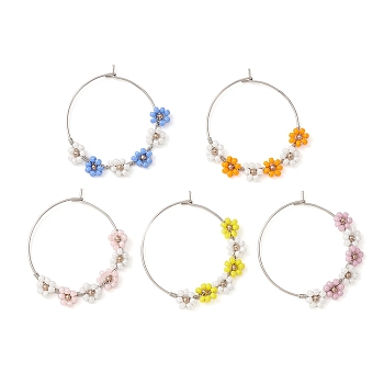 Flower Glass Seed Wine Glass Charms, with 316 Surgical Stainless Steel Hoop Earring Findings, Mixed Color, 38~39x30~35mm