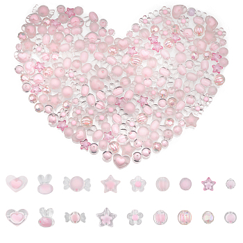 18 Style Transparent Acrylic Beads, Bead in Bead, Faceted, Star & Candy & Rabbit & Round & Flower, Pink, 8~15.5x8~21.5x6~11.5mm, Hole: 2~2.5mm, 180pcs/box