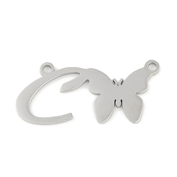 Non-Tarnish 304 Stainless Steel Pendants, Letter & Butterfly Charms, Letter C, 10.5x23.5x0.9mm, Hole: 1.2mm