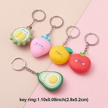 Fruit Theme PVC Pendants Keychain, with Iron Split Key Rings, Apple/Orange/Durian/Avocado/Strawberry, Mixed Color, 9.8~10.9cm