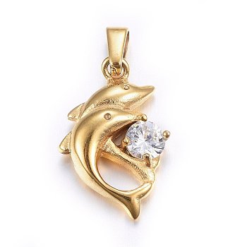 304 Stainless Steel Pendants, with Cubic Zirconia, Dolphin, Clear, Golden, 21x14x5mm, Hole: 5x3mm