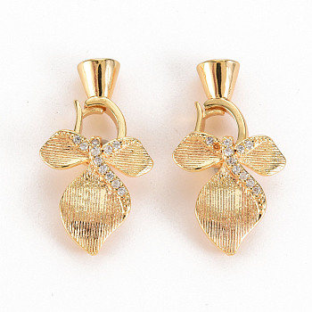 Brass Micro Pave Clear Cubic Zirconia Pendants Bail, Nickel Free, Flower, Real 18K Gold Plated, 24x13x5mm, Hole: 1.4mm