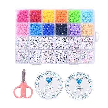 DIY Jewelry Finding Kit, Including Round & Flat Round Plastic & Acrylic Letter Beads, Elastic Stretch Thread and Stainless Steel Scissors, Mixed Color, Beads: 193.6g/Box