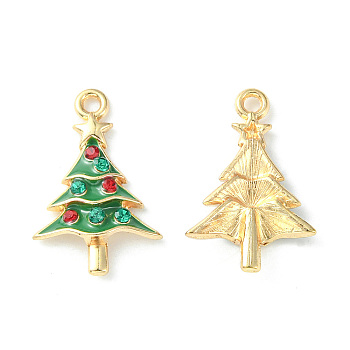UV Plating Alloy Pendants, with Rhinestone, Christmas Tree Charms, Light Gold, Green, 22.5x14.5x3.5mm, Hole: 1.6mm