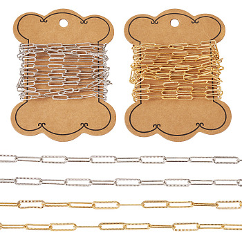4M 2 Colors Brass Paperclip Chains, Drawn Elongated Cable Chains, Soldered, Textured, with Card Paper, Real 18K Gold Plated & Real Platinum Plated, Mixed Color, 12x4x1mm, 2m/color
