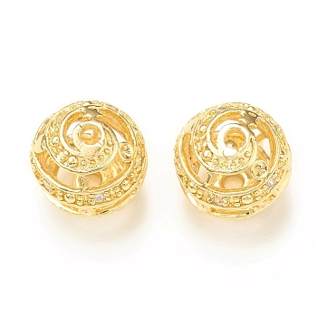 Brass Micro Pave Cubic Zirconia Beads, Hollow Round, Real 18K Gold Plated, 12mm, Hole: 2mm