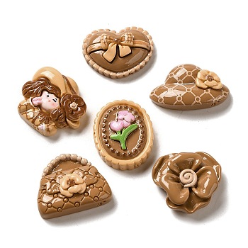 Opaque Resin Decoden Cabochons, Flower & Lady & Hat, Mixed Shapes, Camel, 19~27x22~30x8~9.5mm