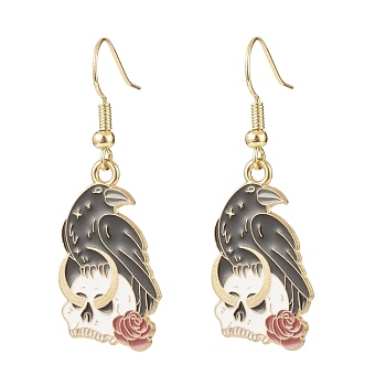 Alloy Enamel Crow and Skul Dangle Earrings, Halloween Brass Drop Earrings for Women, Golden, Black, 43mm, Pin: 0.6mm