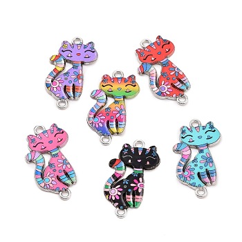 Alloy Enamel Connector Charms, Cat with Flower Pattern, Mixed Color, 28.5x15x1.5mm, Hole: 1.5mm