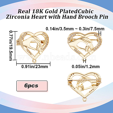 Beebeecraft 6Pcs Clear Cubic Zirconia Heart with Hand Brooch Pin(JEWB-BBC0001-03)-2