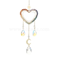 Wire Wrapped Chakra Gemstone & Brass Pendant Decorations, with Glass Charm, For Home Decorations, Heart, 301mm(HJEW-TA00075-02)